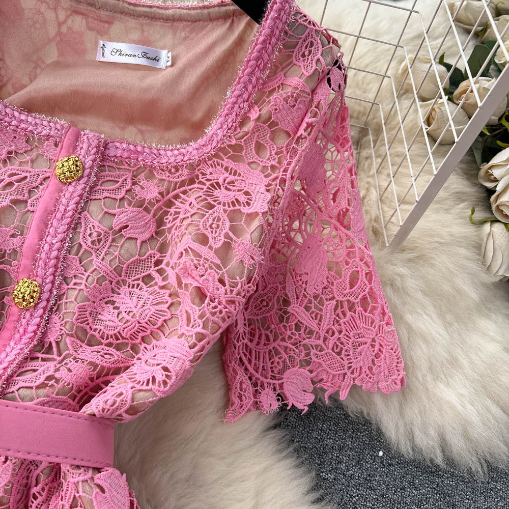 Pink Lace Embroidered Hollowed Dress