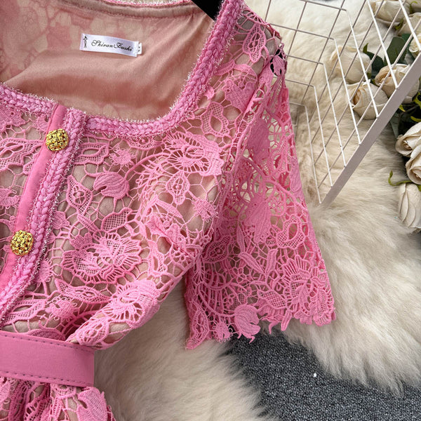 Pink Lace Embroidered Hollowed Dress