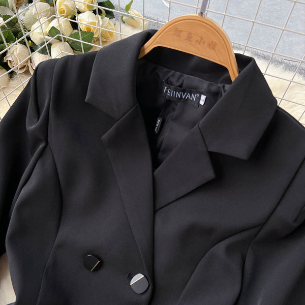 Lapeled Pleated Black Suit Dress