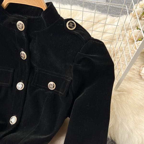 Vintage Single-breasted Black Velvet Dress