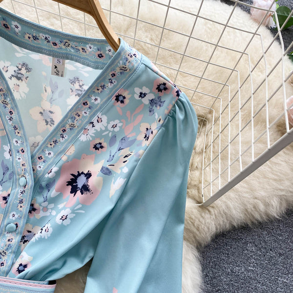 Flower Printed Long Sleeve Lace-up Dress