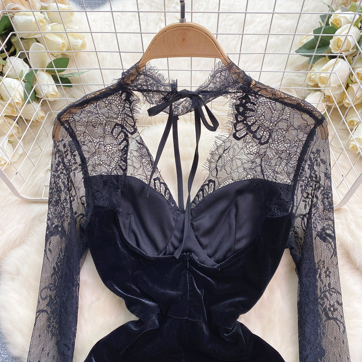 Retro Black Lace Patchwork Dress