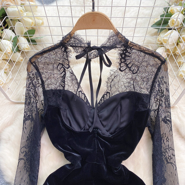 Retro Black Lace Patchwork Dress