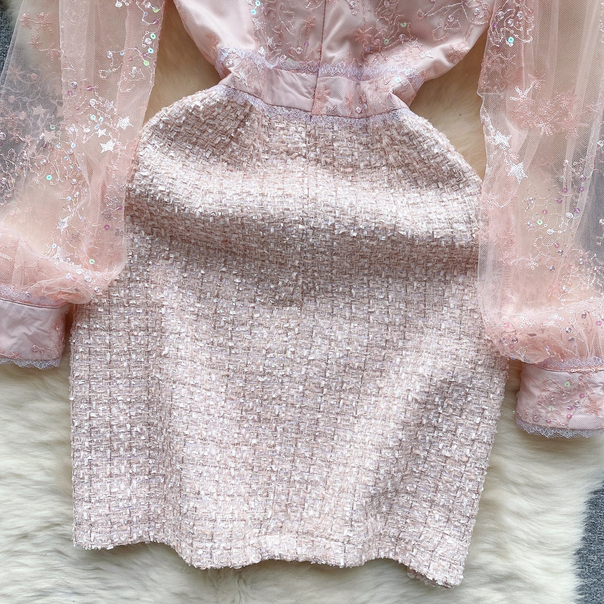 Pink Mesh Patchwork Tweed Dress