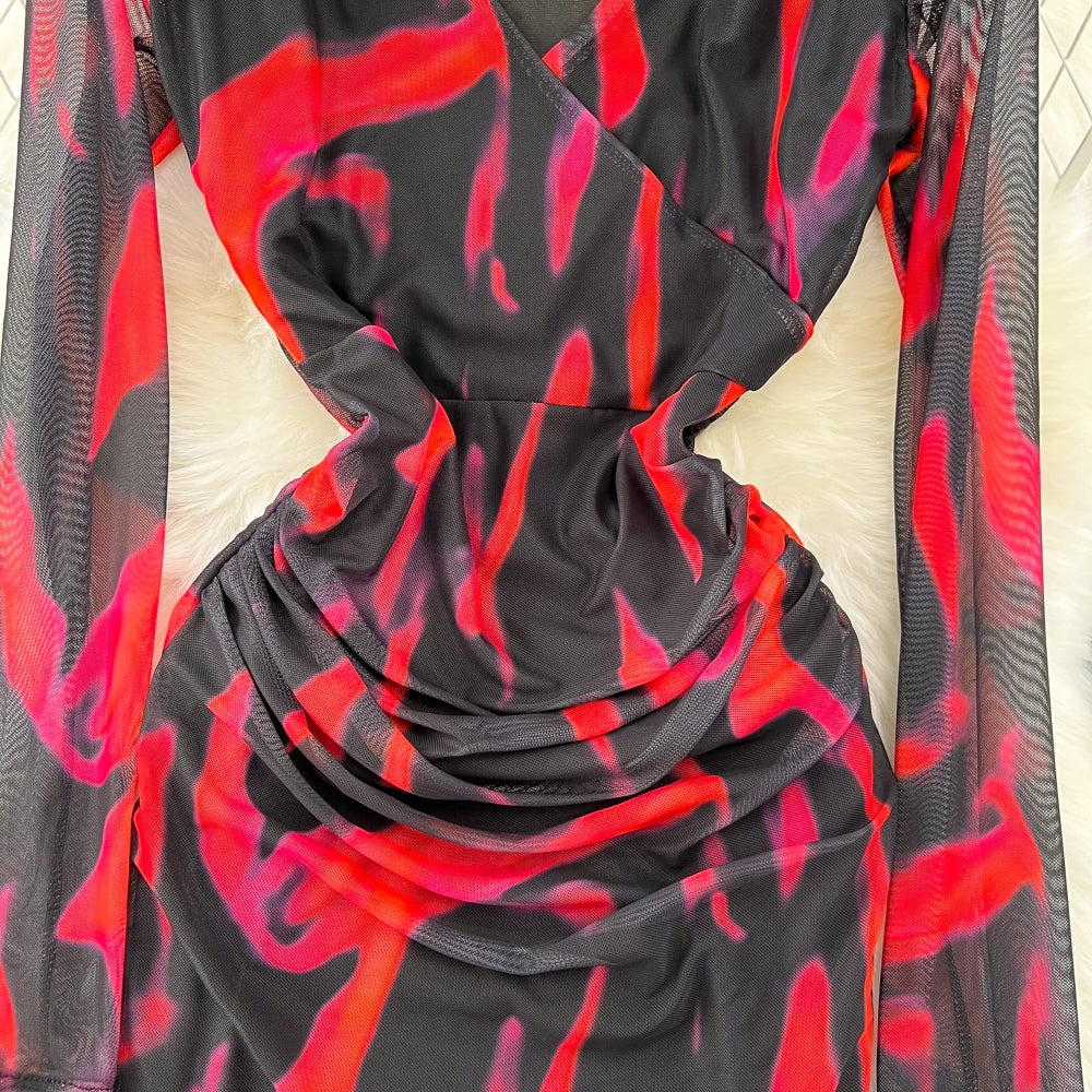 V-neck Floral Printed Mesh Dress