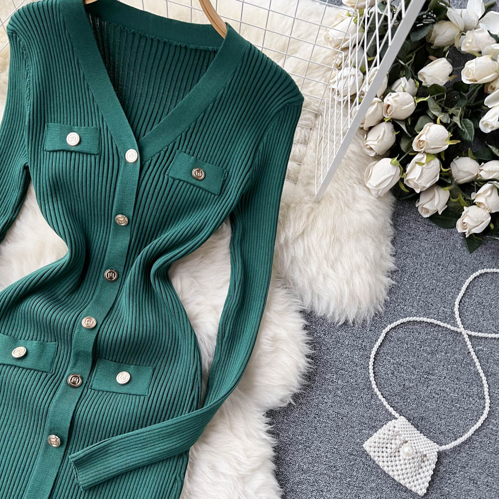 Elegant V-neck Long Sleeve Knitted Dress