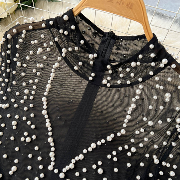 Beaded Patchwork Split Black Dress