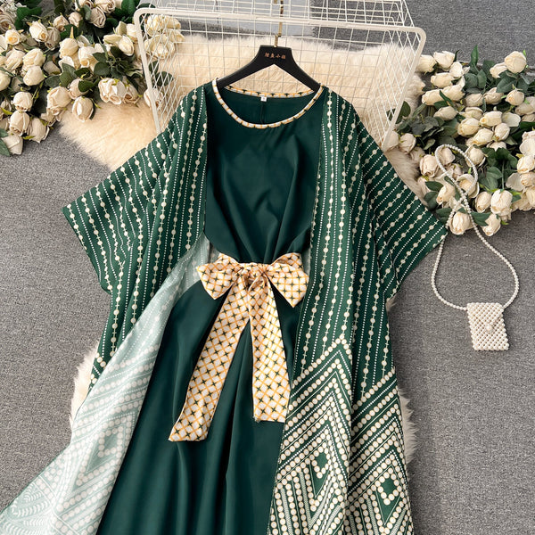Sleeveless Dress&Printed Wrap 2Pcs