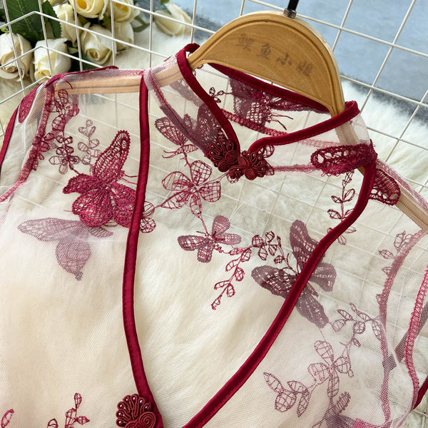 Sheer Mesh Butterfly Crochet Cheongsam Dress