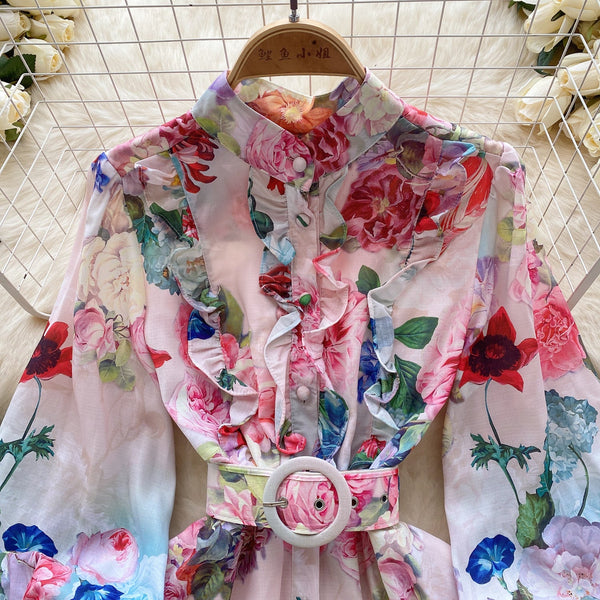 Vintage Ruffled Floral Shirt Dress