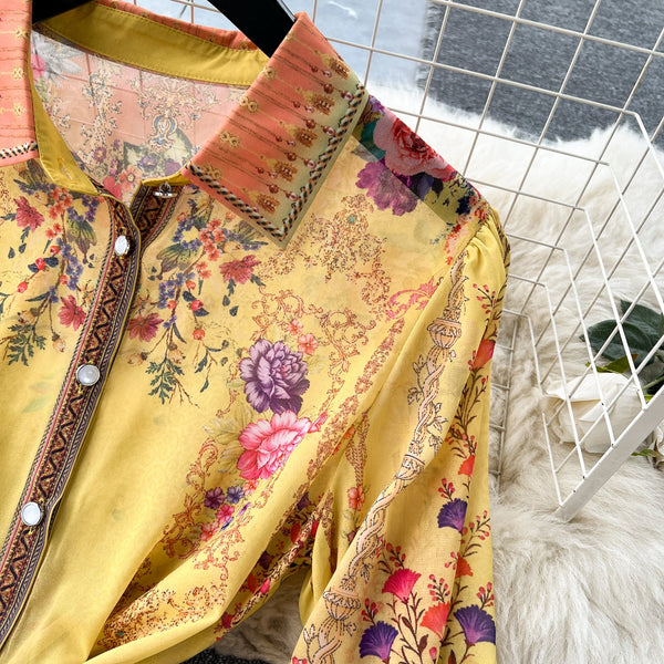 Vintage Lace-up Printed Shirt Dress