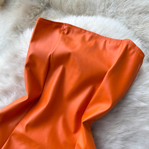 Orange PU Leather Backless Sheath Dress