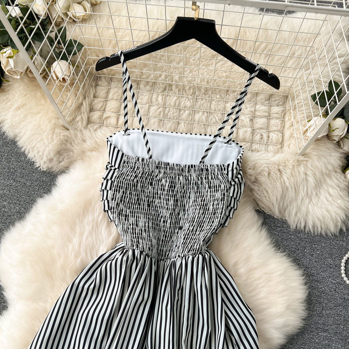 High-end Striped Pleated Slip Dress