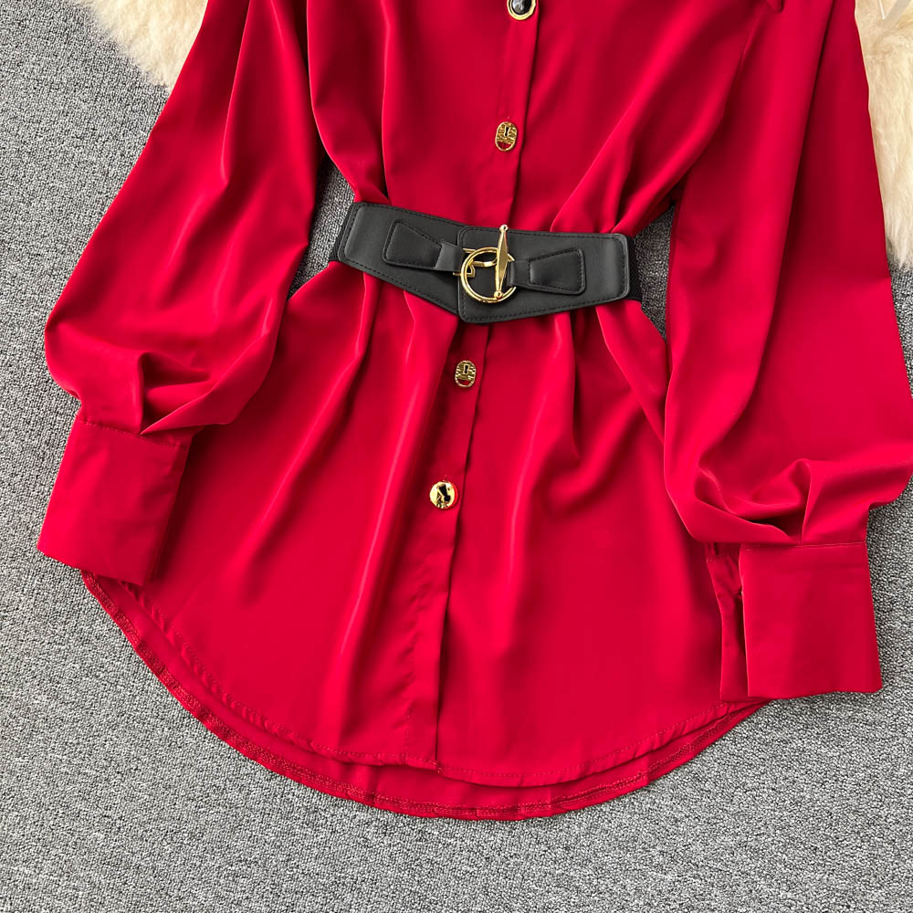 Solid Color Lace-up Shirt Dress with Waistbelt