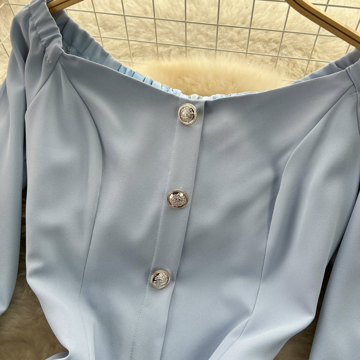 Off-shoulder Single-breasted Blue Dress