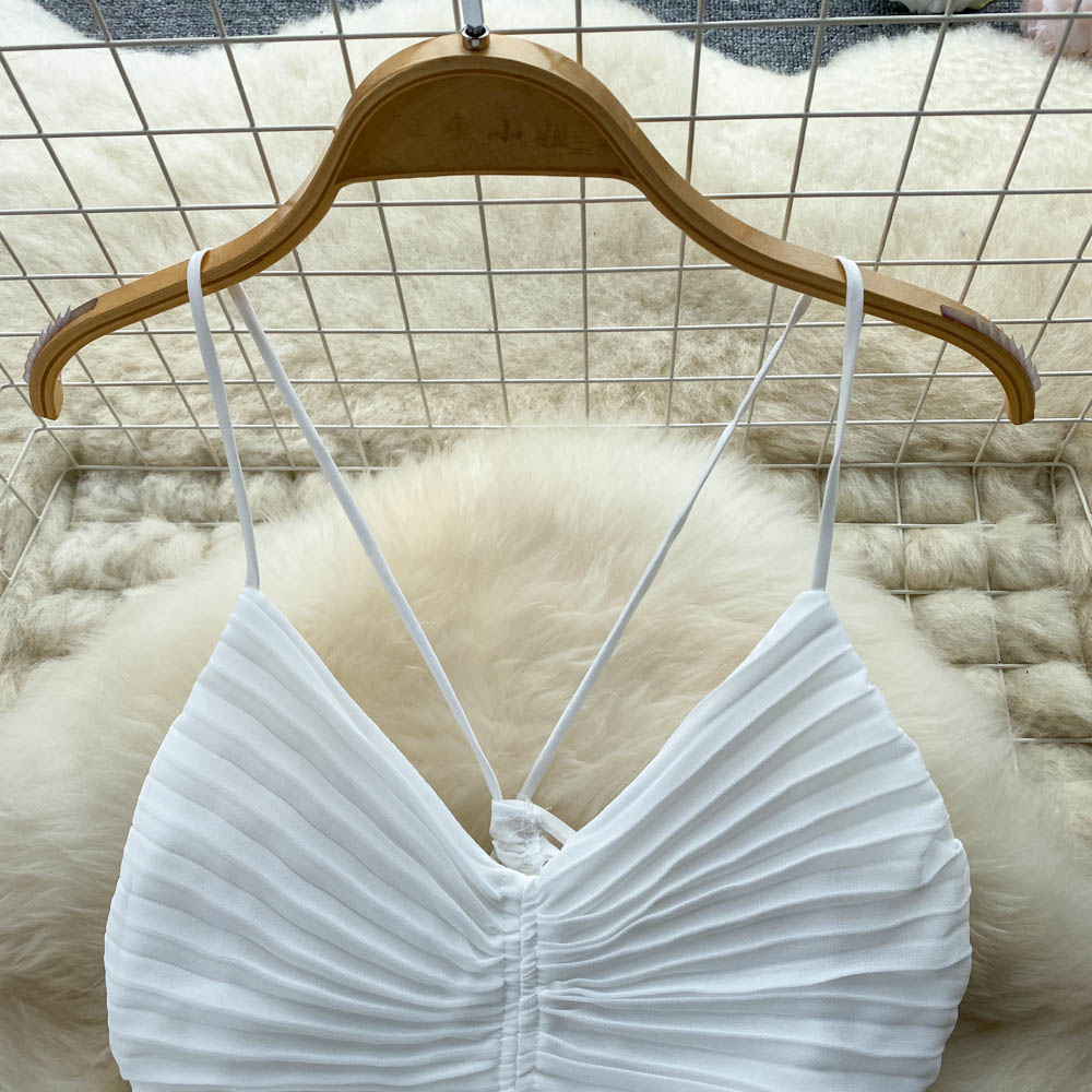 High-waist Pleated White Chiffon Dress