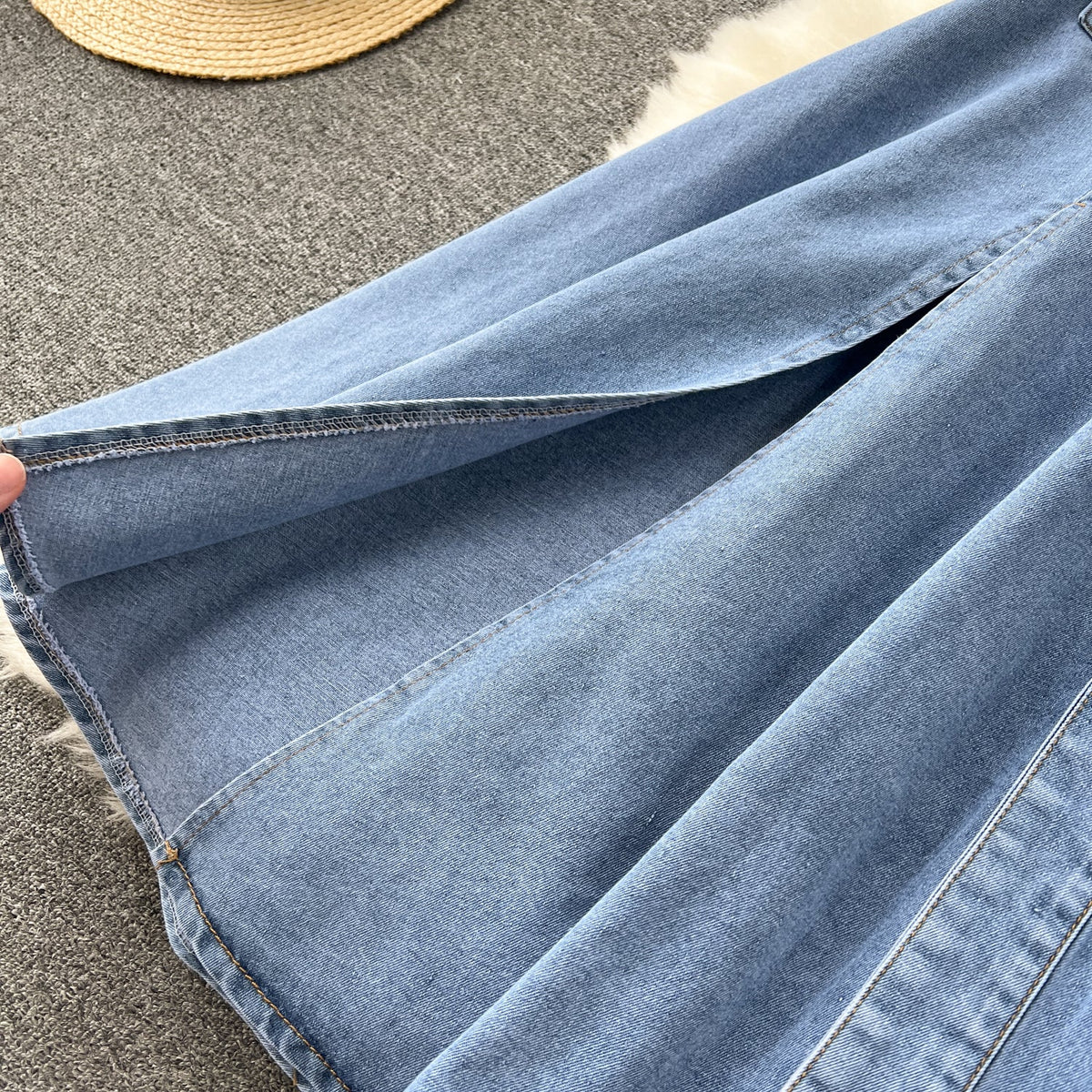 Navy Collar Sleeveless Hollowed Denim Dress