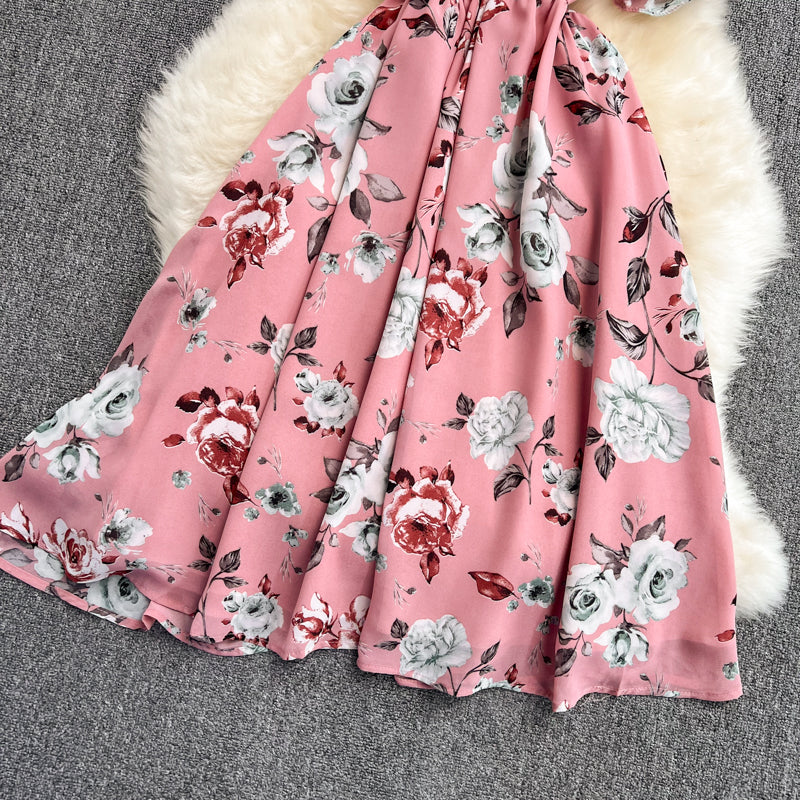 Waist-slimming V-neck Floral Chiffon Dress