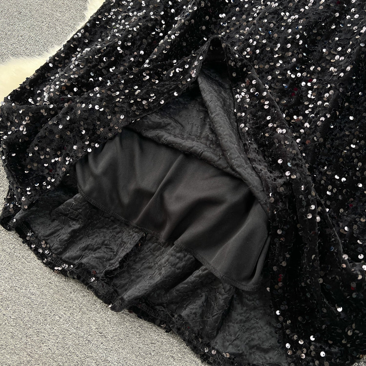 Sequined Backless Black Slip Dress