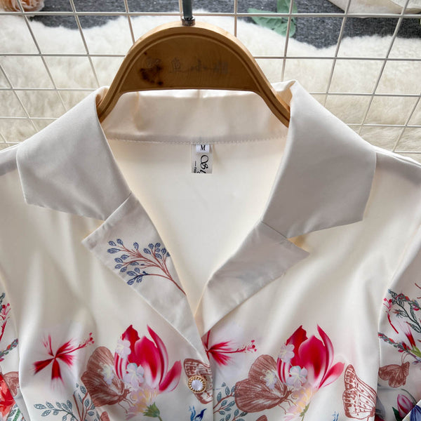 Suit Collar Floral Printed Chiffon Dress