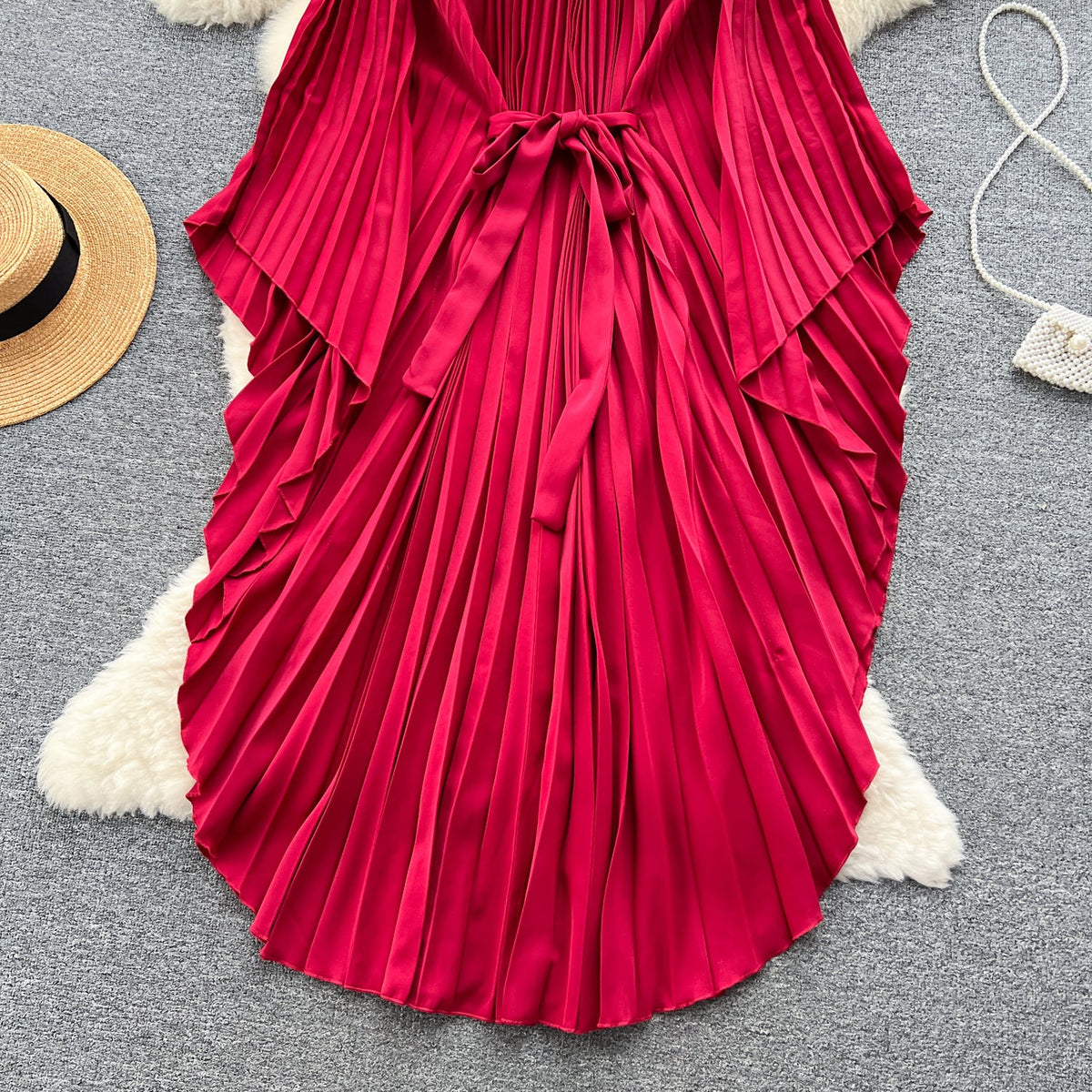 Solid Color Lace-up Pleated Dress
