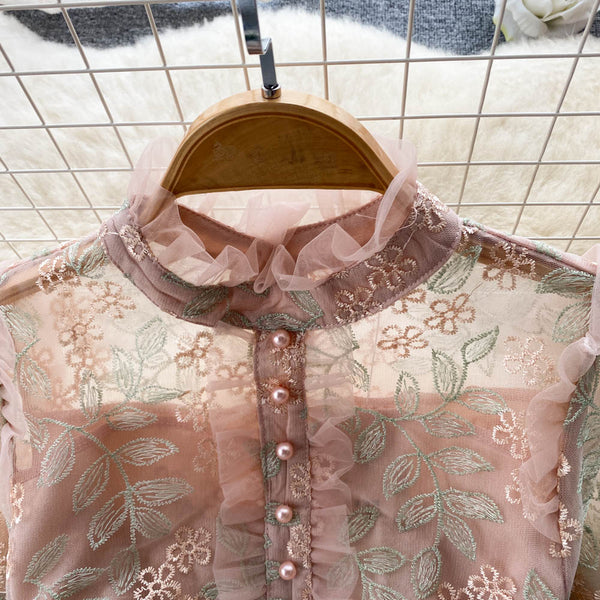 Embroidered Mesh Puff Sleeve Dress