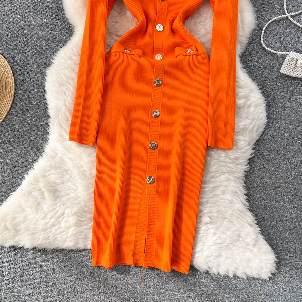 Single Breasted V-neck Knitted Dress
