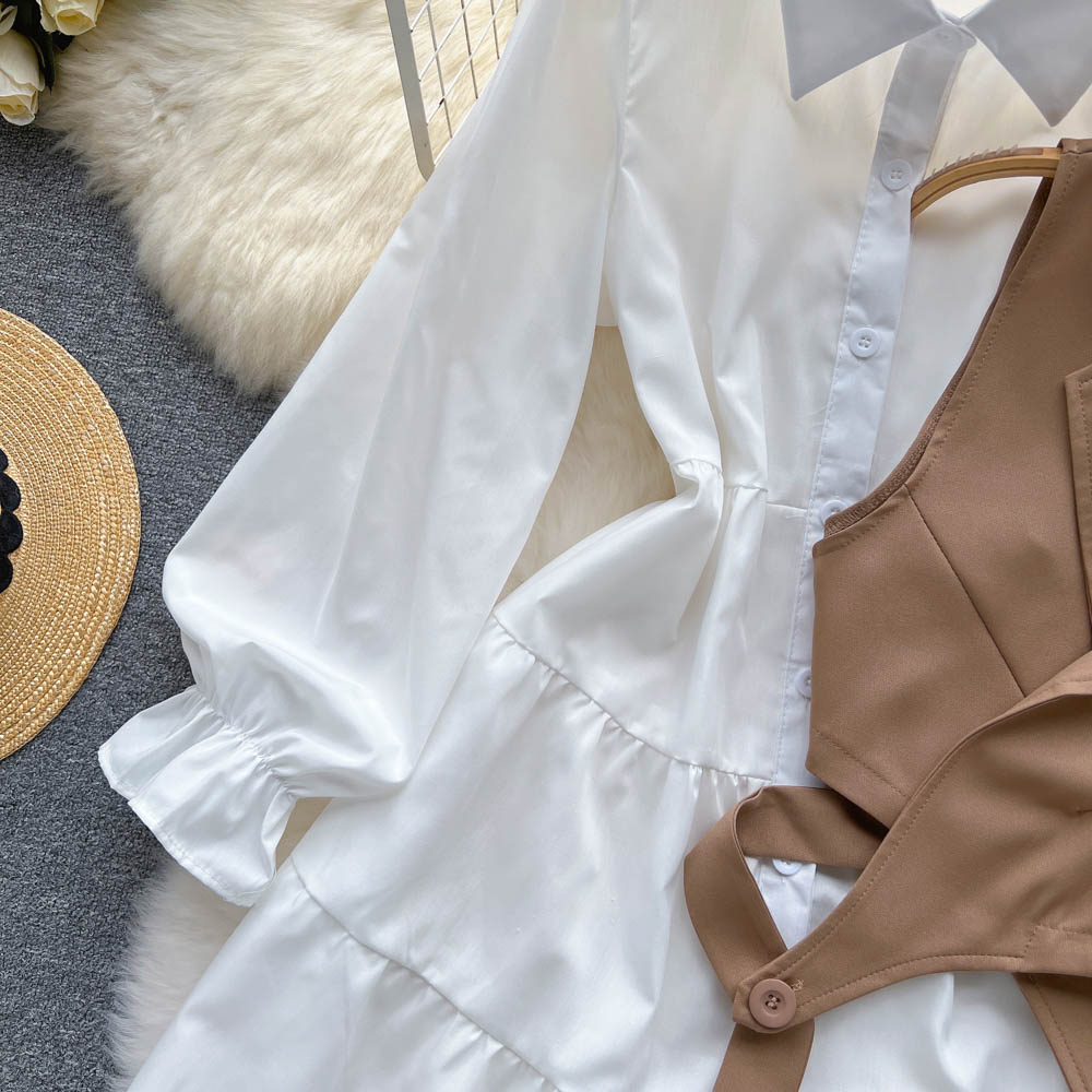 Korean Style White Dress&Waistcoat 2Pcs