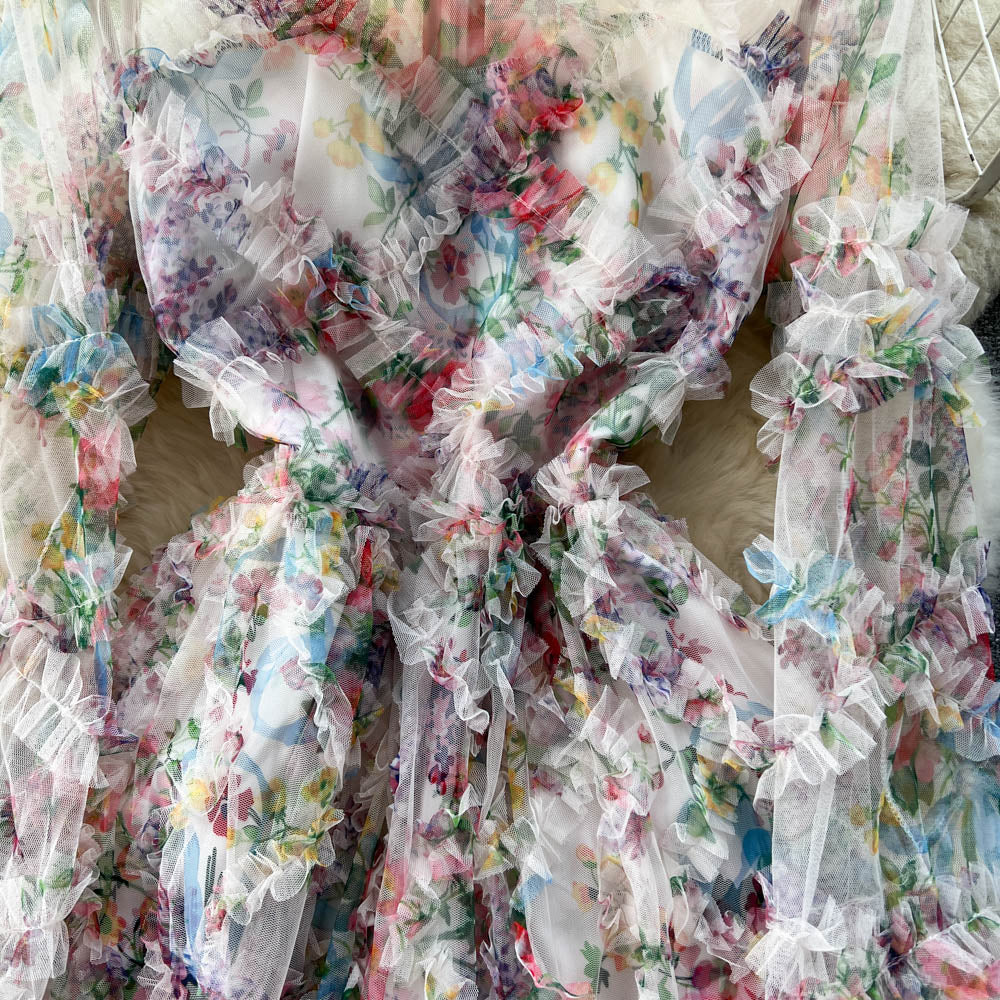 Floral Printed Hollowed Mesh Dress