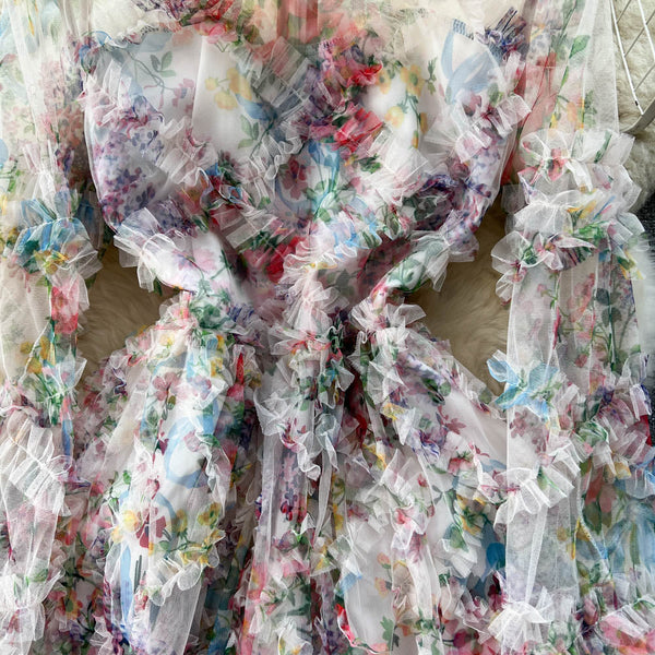 Floral Printed Hollowed Mesh Dress