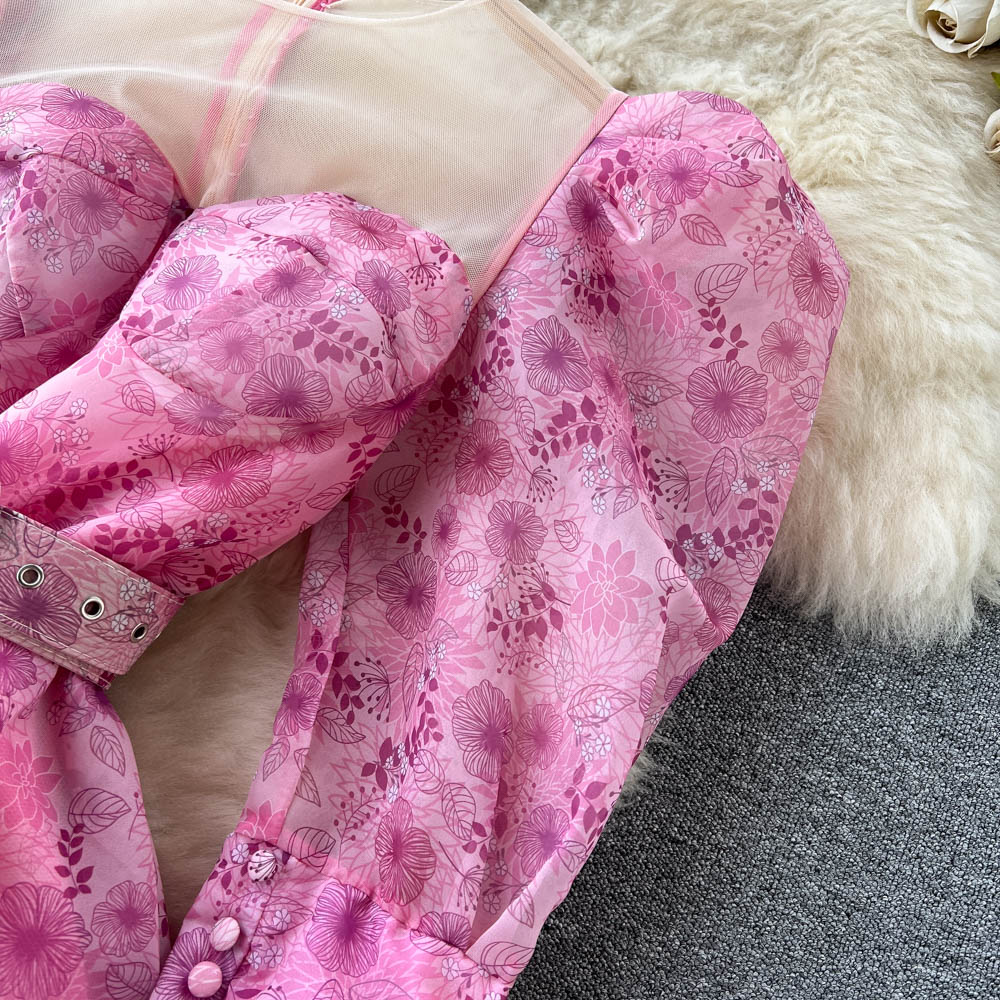 Mesh Patchwork Puff Sleeve Floral Dress
