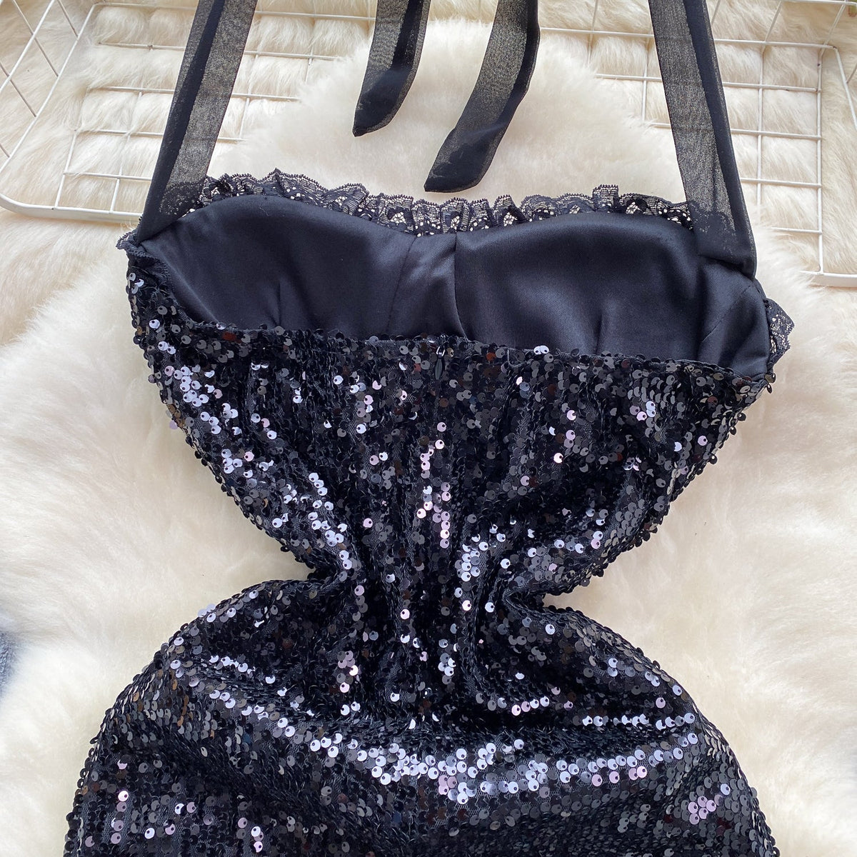 Sequined Mesh Halter Black Dress