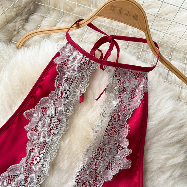 Red Lace Patchwork Cut-out Halter Dress