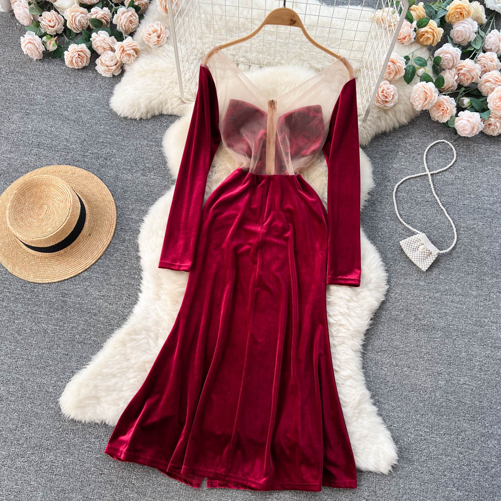 V-neck Backless Mesh Patchwork Velvet Dress