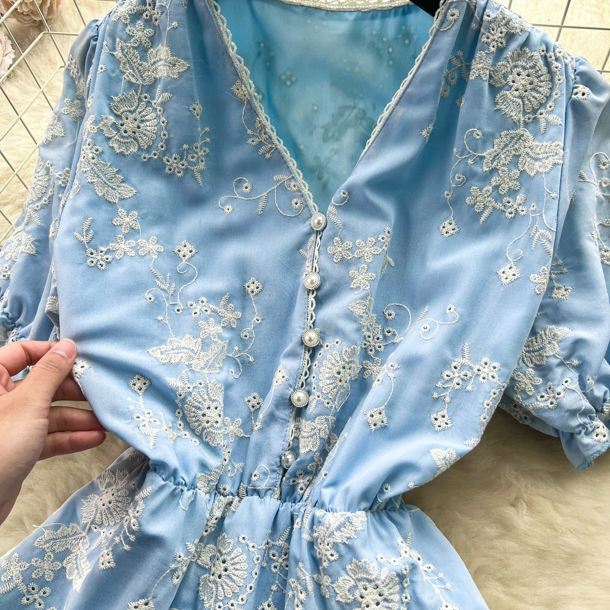 V-neck Floral Embroidered Blue Dress