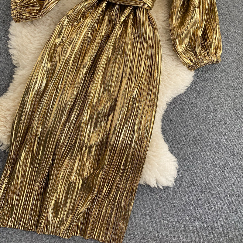 Courtly Lace-up Waist-slimming Gold Dress