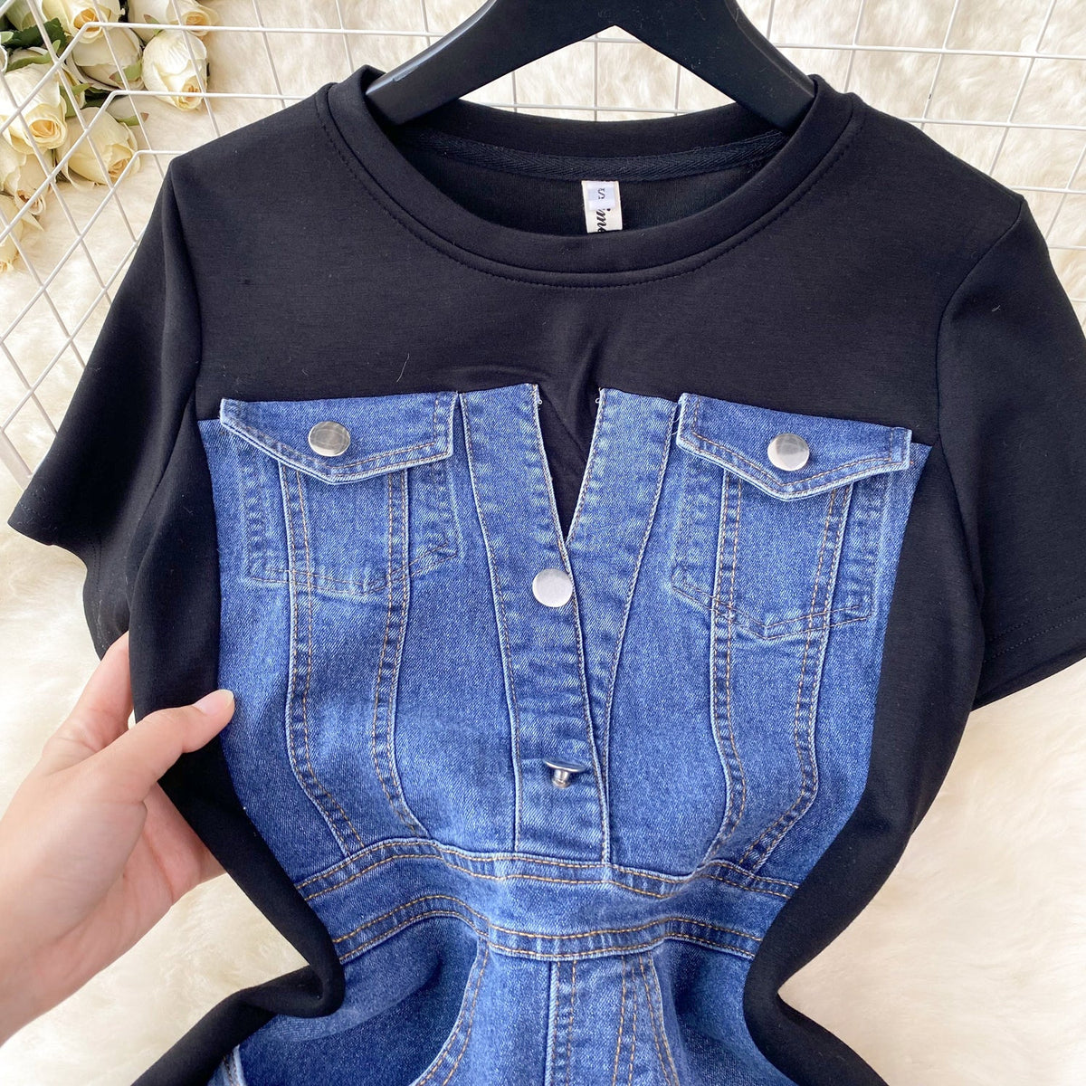 Round Collar Denim Patchwork Midi Dress