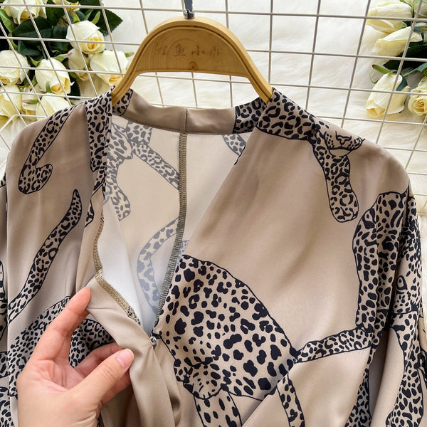 Leopard Printed Lace-up Satin Dress