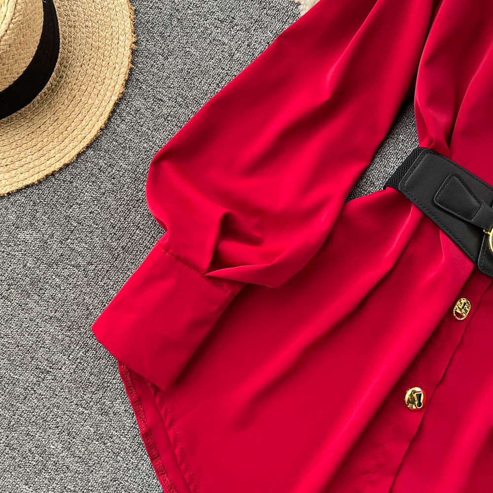 Solid Color Lace-up Shirt Dress with Waistbelt