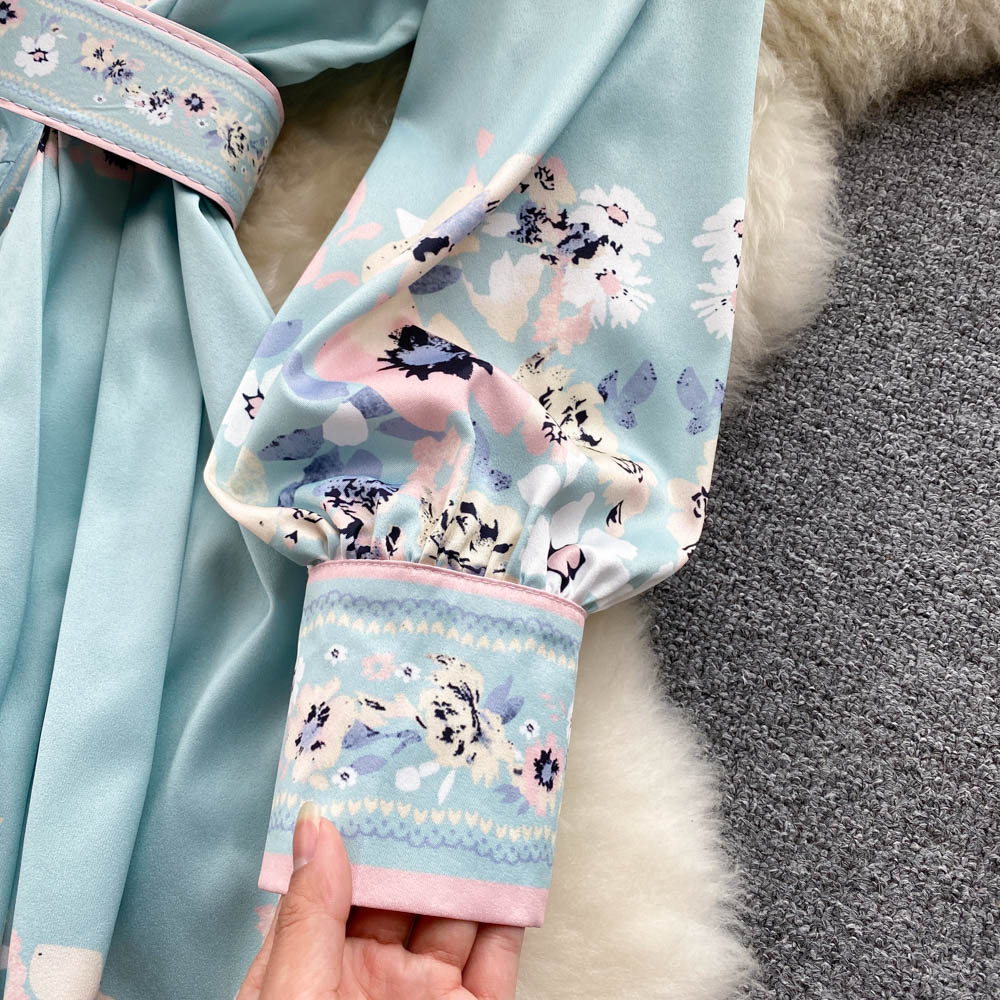 Flower Printed Long Sleeve Lace-up Dress