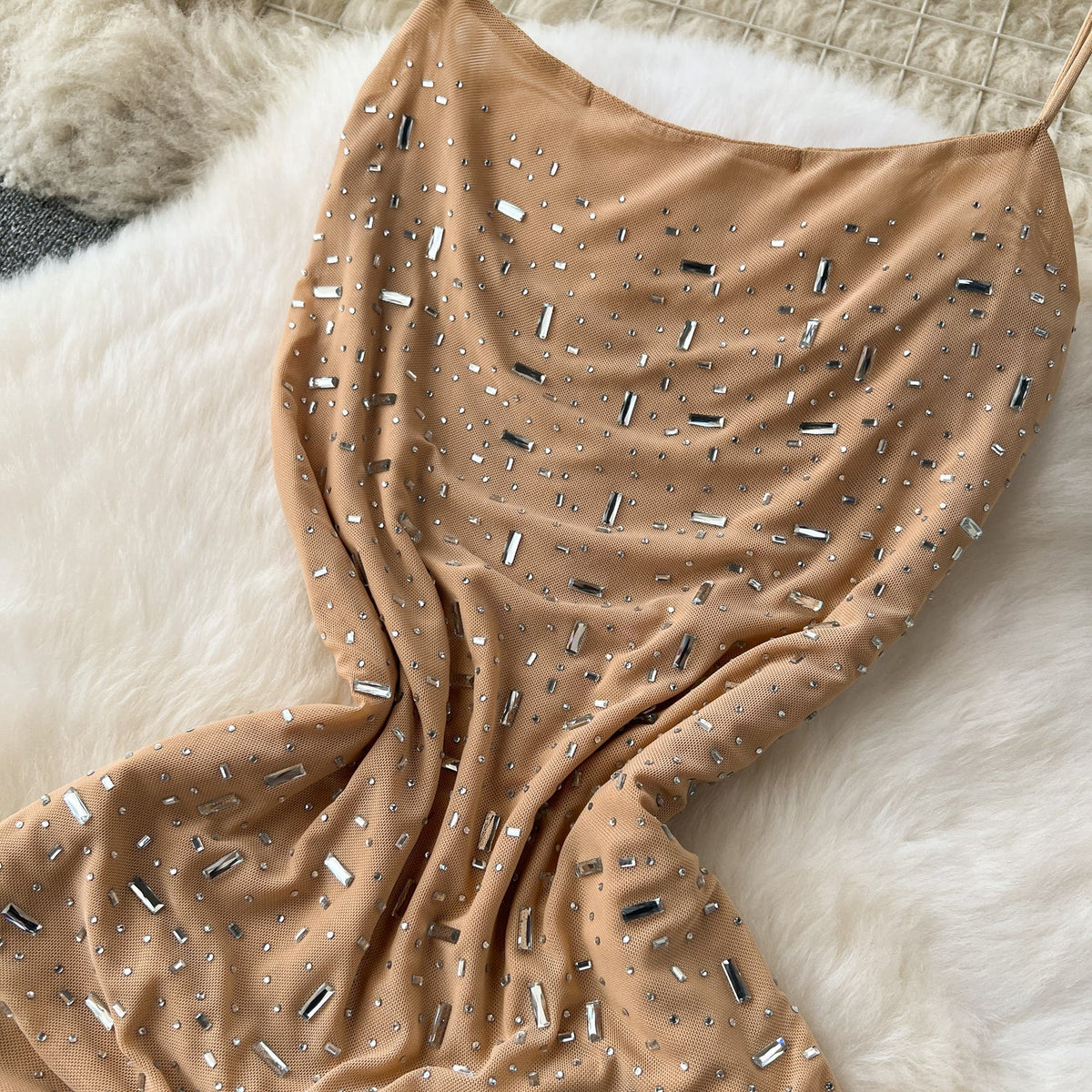 Draped Neckline Rhinestone Studded Slip Dress