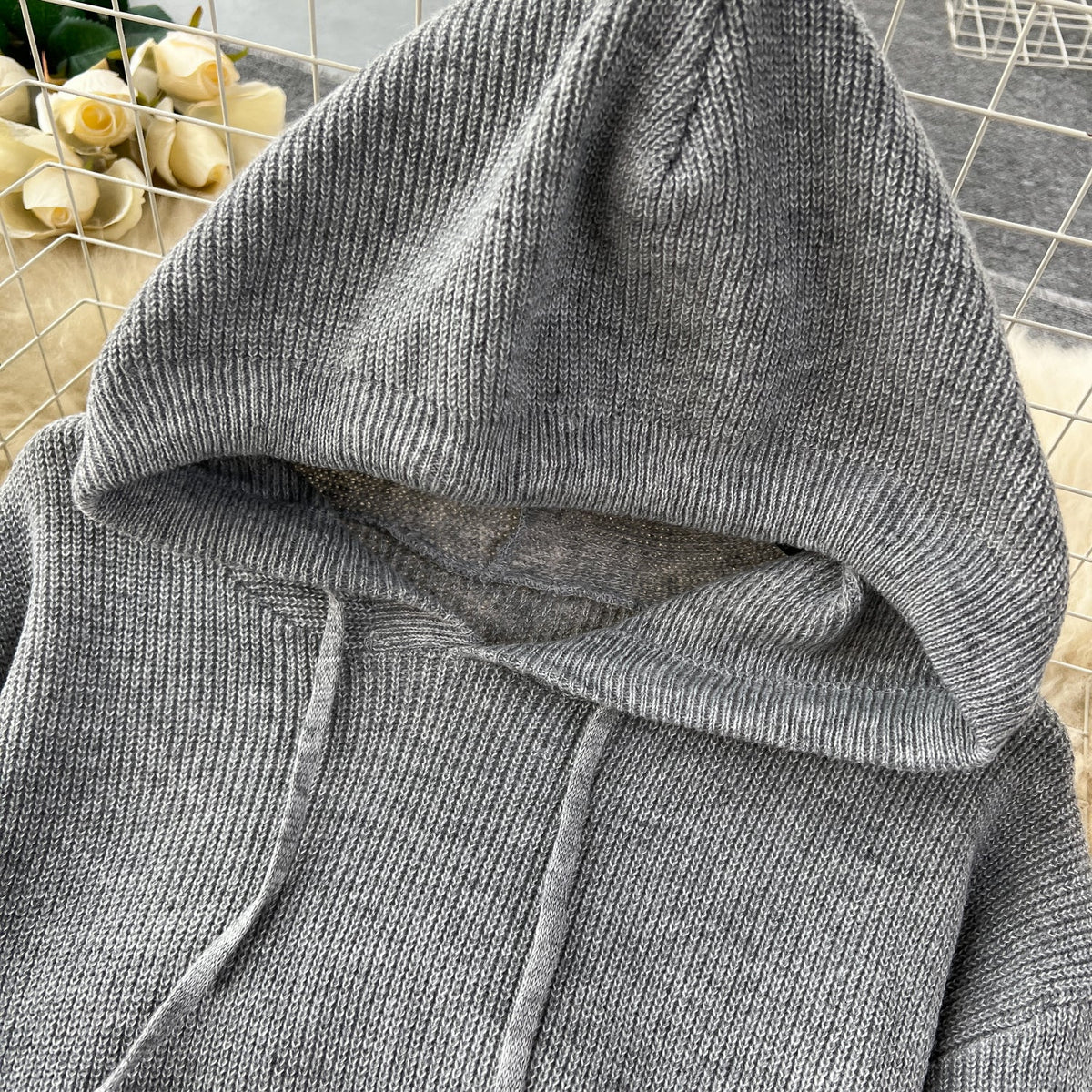 Hooded Drawstring Stretchy Knitted Dress