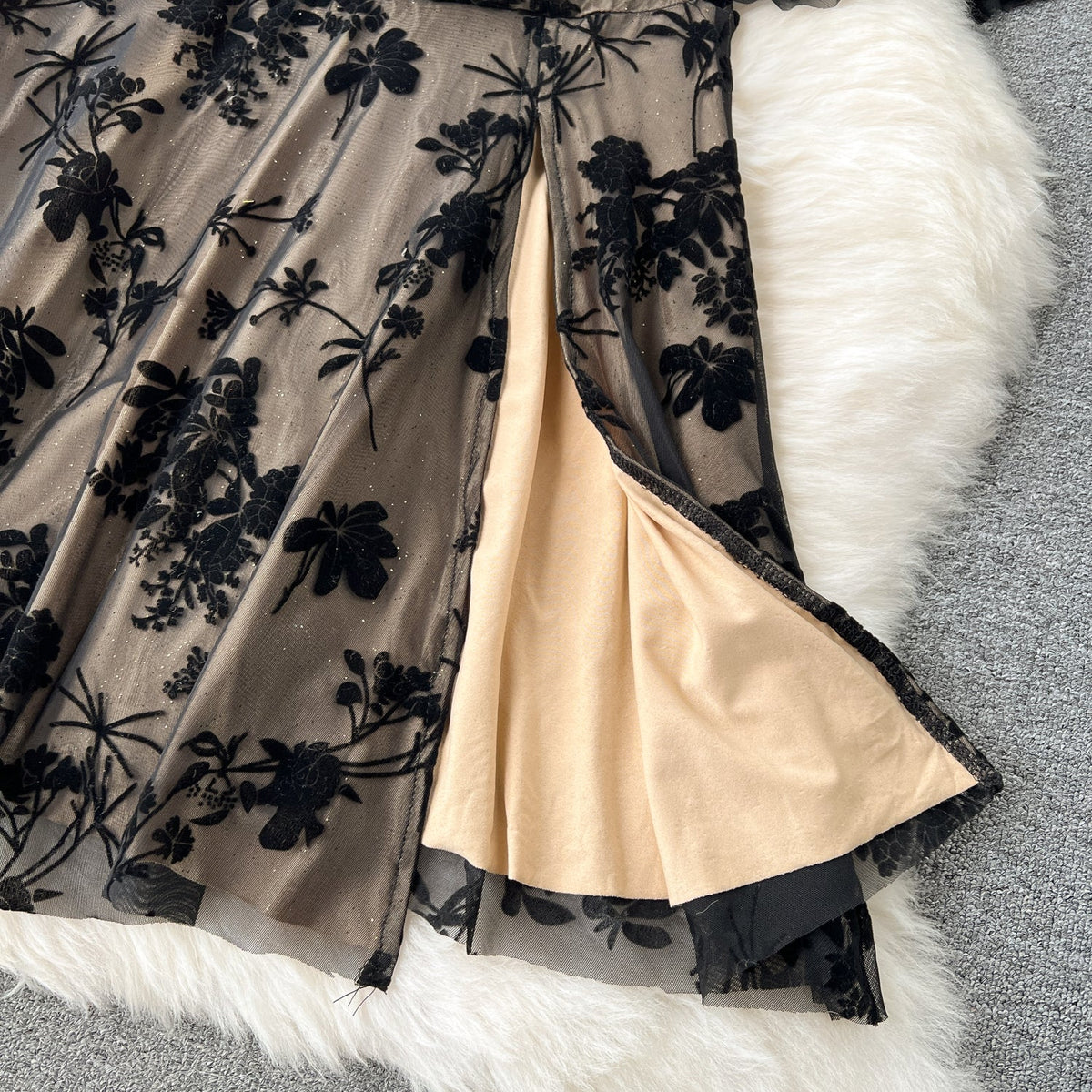 See-through Embroidered Black Mesh Dress