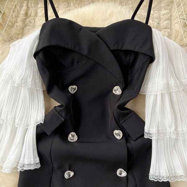 Layered Sleeves Patchwork Black Dress