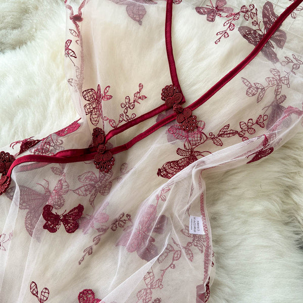 Sheer Mesh Butterfly Crochet Cheongsam Dress