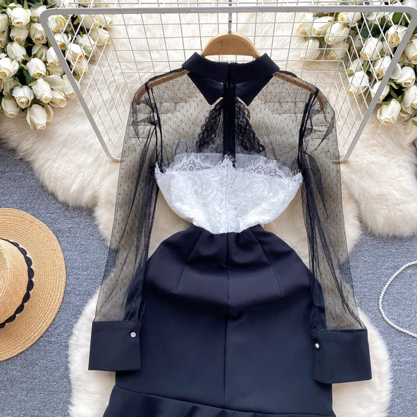 Lace Patchwork Bow-tie Black Dress