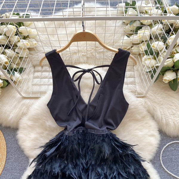 Premium Sleeveless Feather Hem Black Dress
