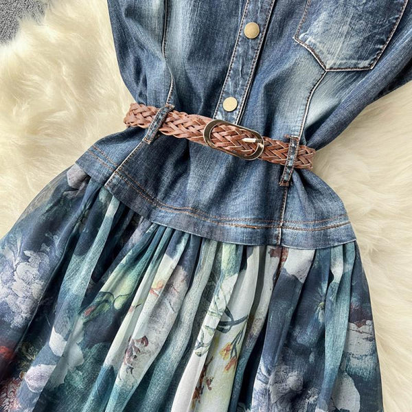 V-neck Denim Patchwork Chiffon Dress