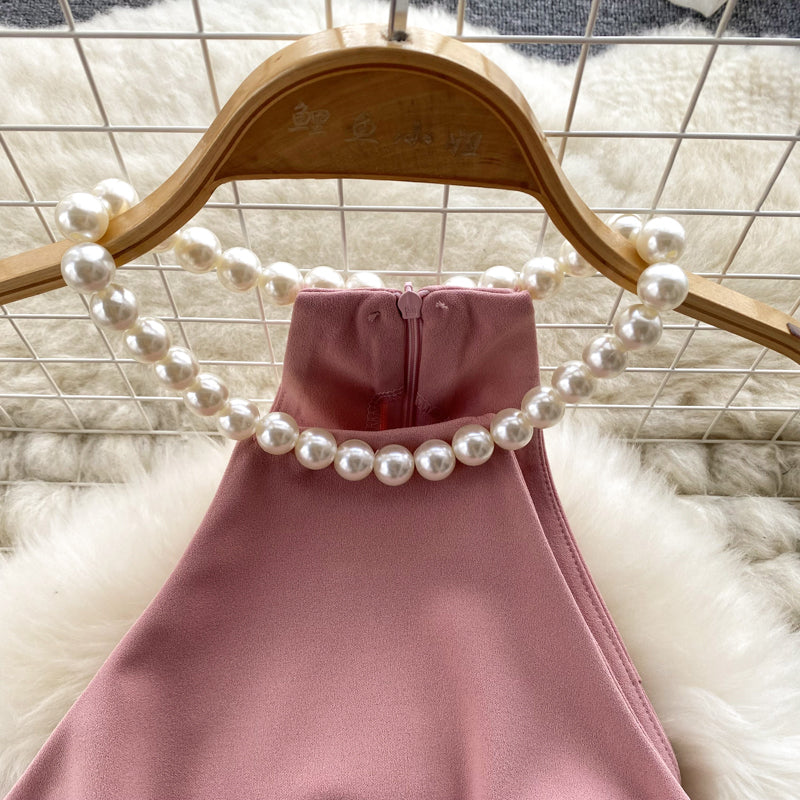 Sleeveless Pink Dress with Pearl Neckline