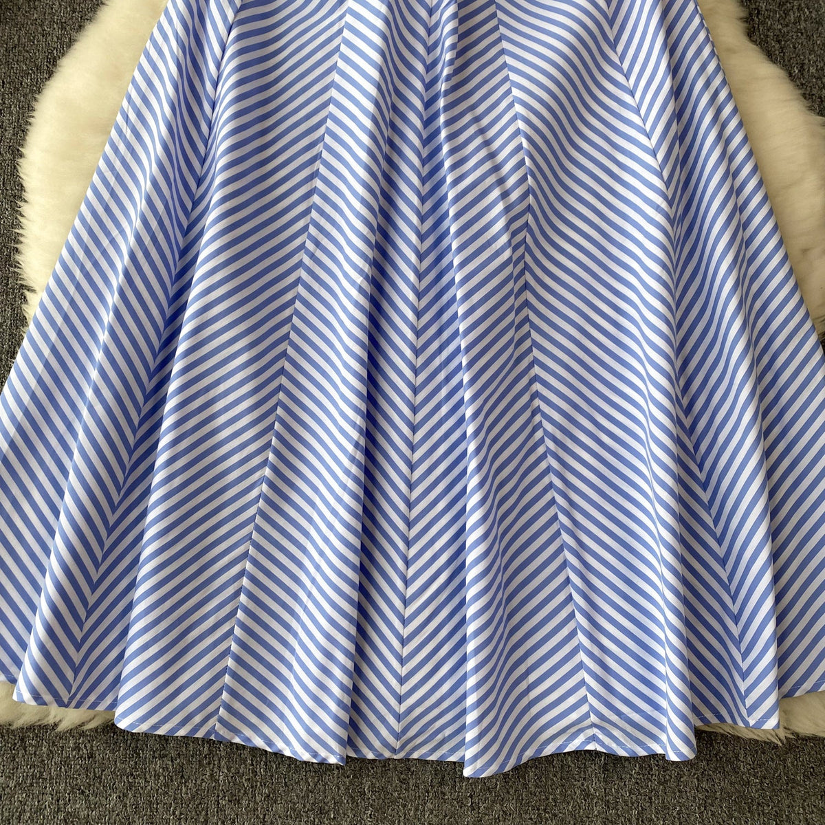 Lapeled Puffy Sleeve Striped Dress
